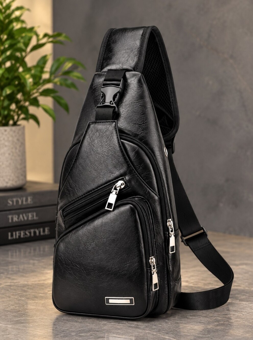 Men's Black Leather Sling Bag - Sleek Crossbody Carry #9